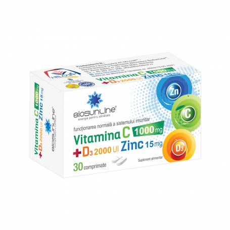 VITAMINA C 1000 MG + D3 2000 UI + ZINC 15 MG, 30 COMPRIMATE, HELCOR