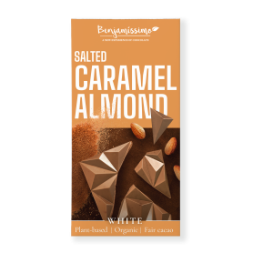 Ciocolata alba cu migdale si caramel sarat, eco-bio, 60g, Benjamissimo