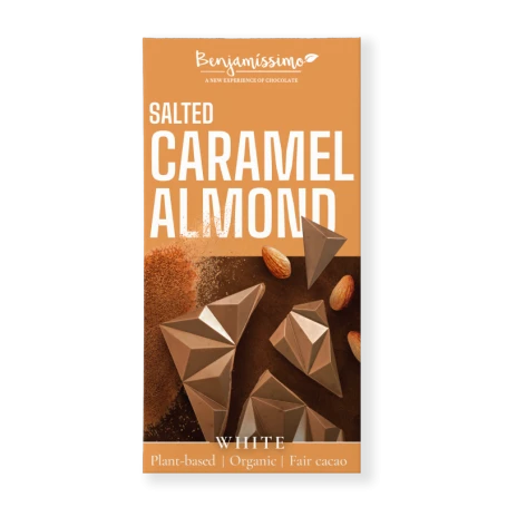 Ciocolata alba cu migdale si caramel sarat, eco-bio, 60g, Benjamissimo