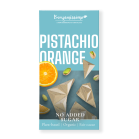 Ciocolata alba cu fistic si portocale, eco-bio, 60g, Benjamissimo