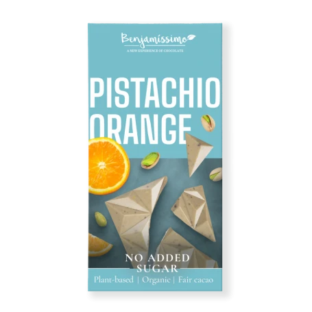 Ciocolata alba cu fistic si portocale, eco-bio, 60g, Benjamissimo
