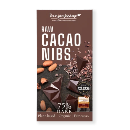 Ciocolata neagra 75% cu cacao nibs, eco-bio, 60g, Benjamissimo
