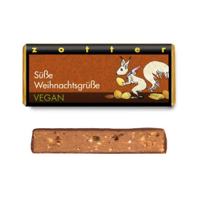 Ciocolata neagra vegana umpluta cu praline de alune de padure „Dulci urari de Craciun”, eco-bio, 70 g, Zotter