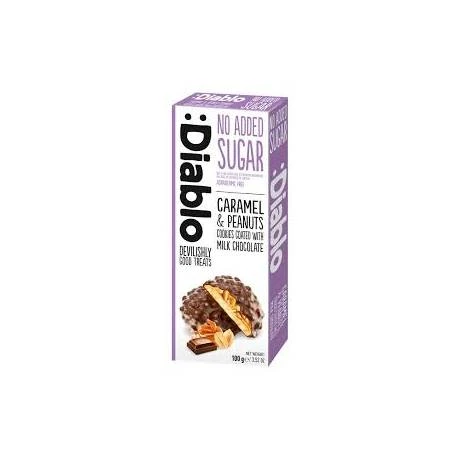 Fursecuri fara zahar cu invelis de ciocolata cu lapte si umplutura de caramel si arahide, 100 g, Diablo
