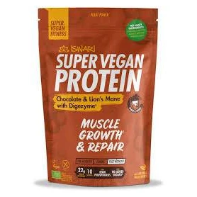 Pulbere proteica ciocolata si coama de leu cu DigeZyme, dupa efort, Super Vegan Protein, eco-bio, 400 g, Iswari