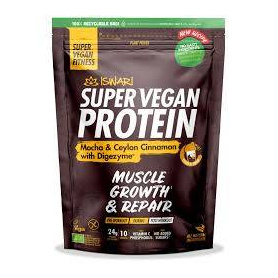 Pulbere proteica cu mocha si scortisoara Ceylon cu DigenZyme, dupa efort, Super Vegan Protein, eco-bio, 400 g, Iswari