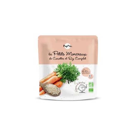 Mancare bucatele mici cu 48% morcovi si orez brun, +8/10 luni, eco-bio, 190 g, Popote