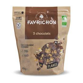 Fulgi crocanti cu 3 feluri de ciocolata, eco-bio, 400 g, Favrichon