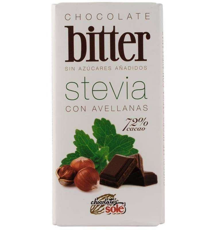 Ciocolata neagra cu alune de padure cu stevie, 72% cacao 100g - sole